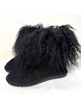 Bearpaw Boo Bootie Winter Boot Fuzzy Lamb Fur Cuff Suede Black Size 9